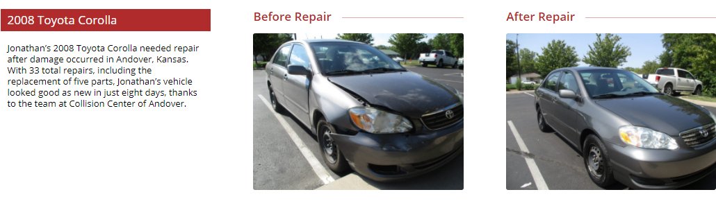 before and after images of Toyota Corolla collision repair