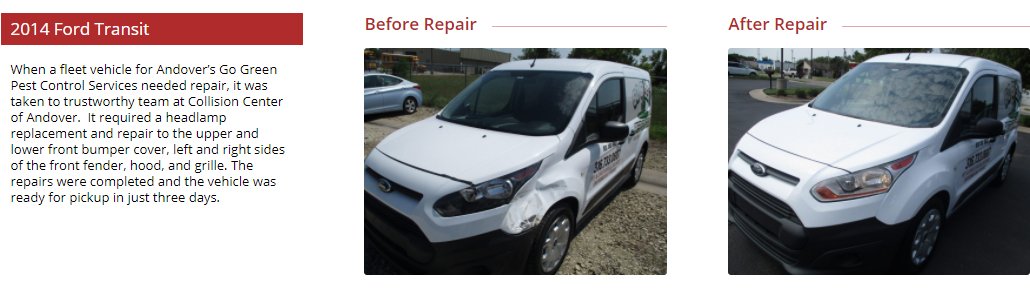 before and after images of a vehicle that needed collision repair. Collision Center of Andover is a full service auto body shop and handles paintless dent repair