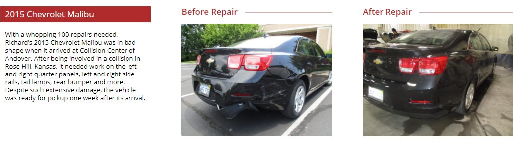 before and after images of a vehicle that needed collision repair. Collision Center of Andover is a full service auto body shop and handles paintless dent repair