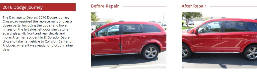 before and after images of a vehicle that needed collision repair. Collision Center of Andover is a full service auto body shop and handles paintless dent repair.