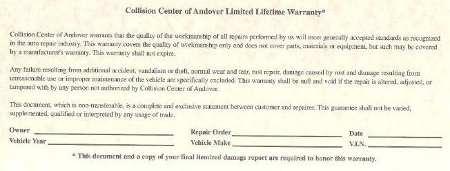Limited lifetime warranty for auto body shop repair