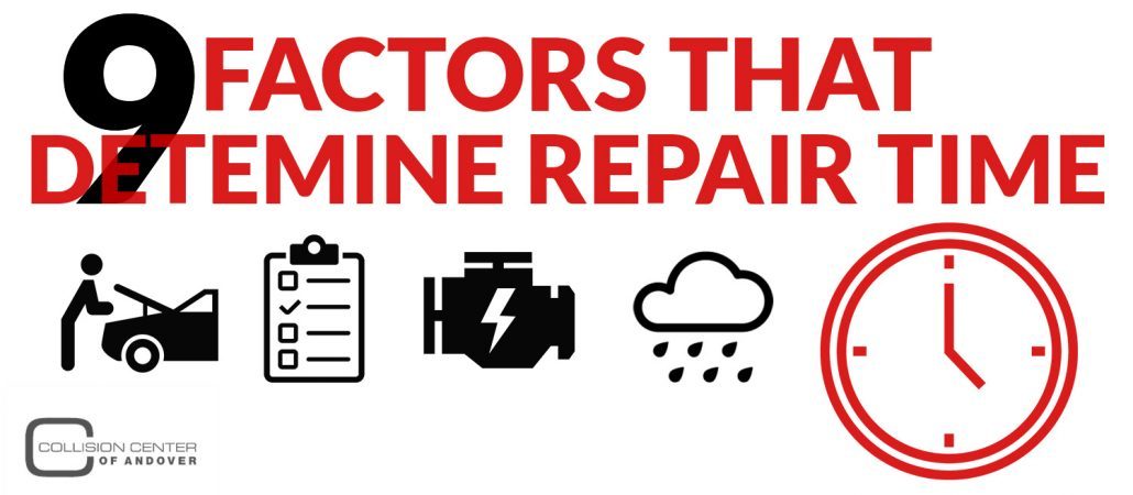 Graphic image with vehicle parts icons: 9 Factors that Determine Car Repair