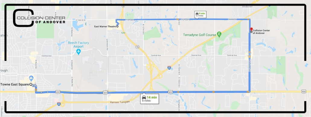 map showing Collision Center of Andover is just a few minutes’ drive from places in Wichita including Towne East Mall and the Warren Theatre off Greenwich road.