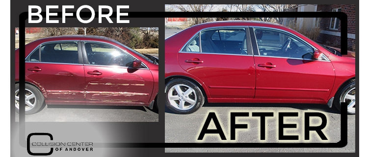 Before and After of a red car that was damaged with a lot of scratches then repainted by Collision Center of Andover