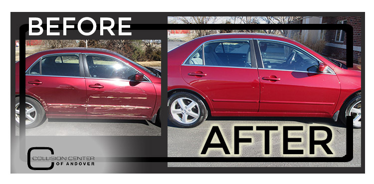 Before and After of a red car that was damaged with a lot of scratches then repainted by Collision Center of Andover